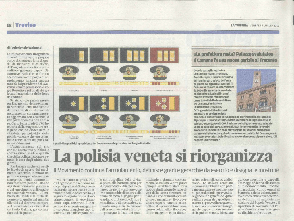 2013.07.15 - LA TRIBUNA DI TREVISO - ARTICOLO SUI GRADI DELLA POLIZIA NAZIONALE VENETA