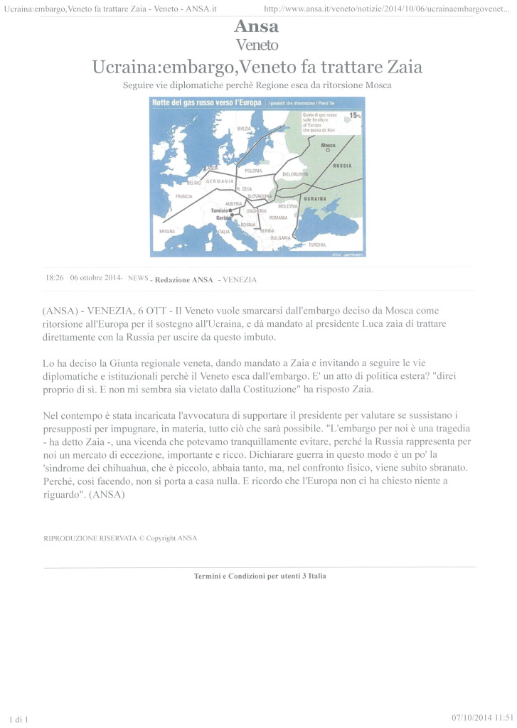 2014.10.06 - ANSA - ARTICOLO SU UCRAINA EMBARGO VENETO E ZAIA